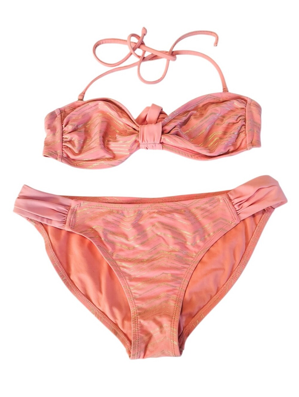 Xhilaration Peach & Gold Chevron Bandeau Halter String Bikini Size Medium Large